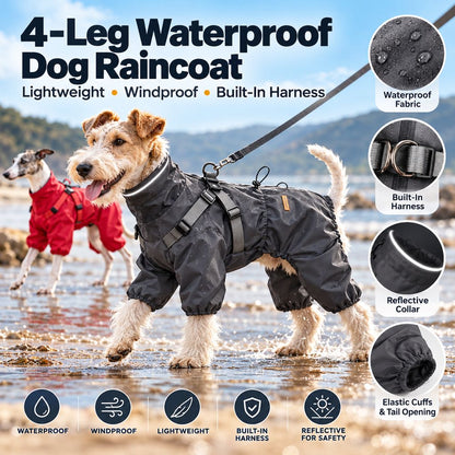 Four-leg dog raincoat with harness, reflective collar, and elastic cuffs
