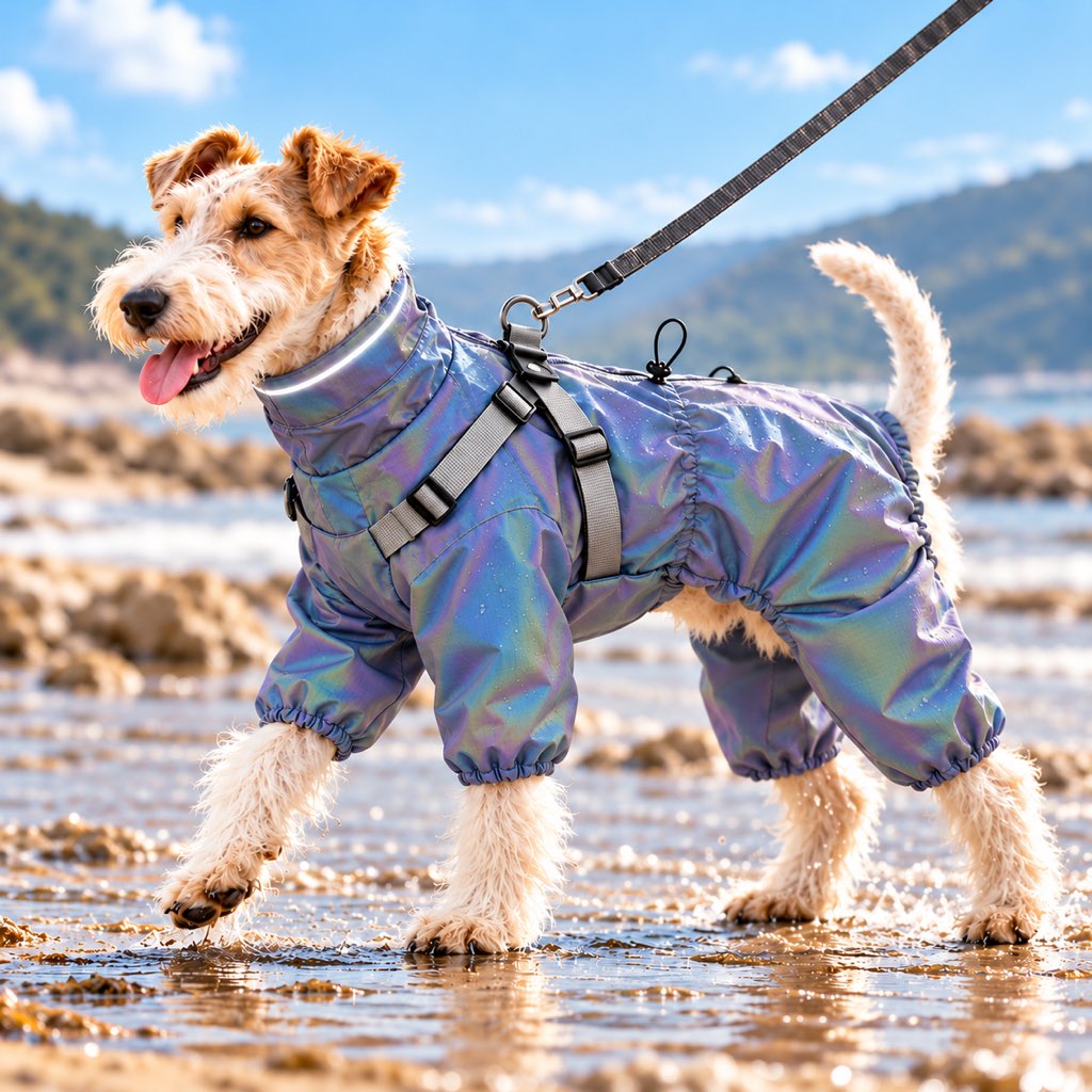 Iridescent reflective gray four-leg dog raincoat with built-in harness