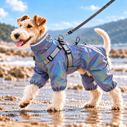 Iridescent reflective gray four-leg dog raincoat with built-in harness