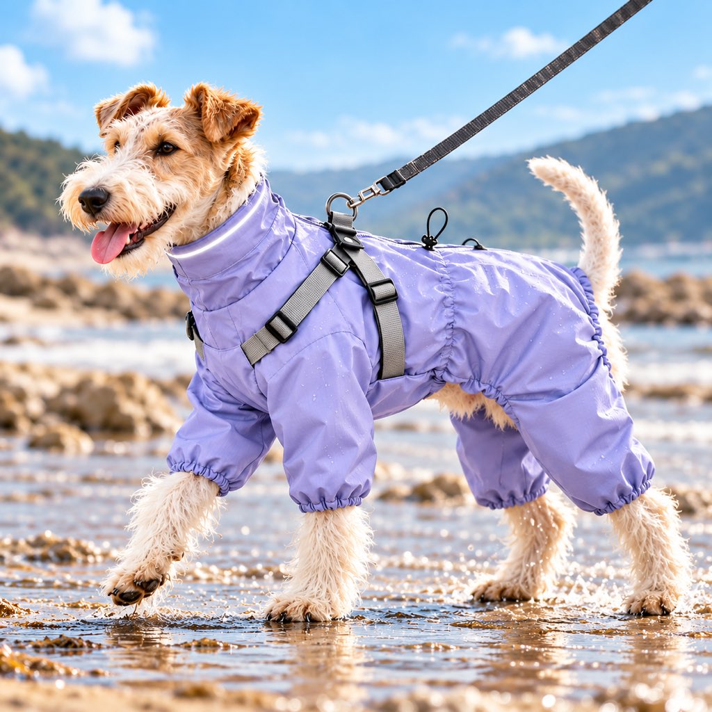 Lavender four-leg dog raincoat with built-in harness