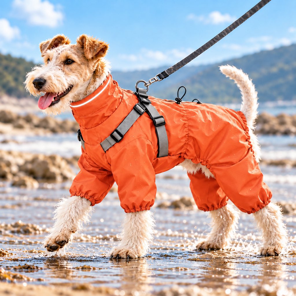 Orange four-leg dog raincoat with built-in harness