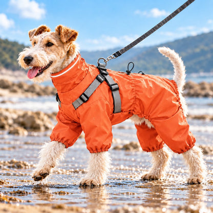 Orange four-leg dog raincoat with built-in harness
