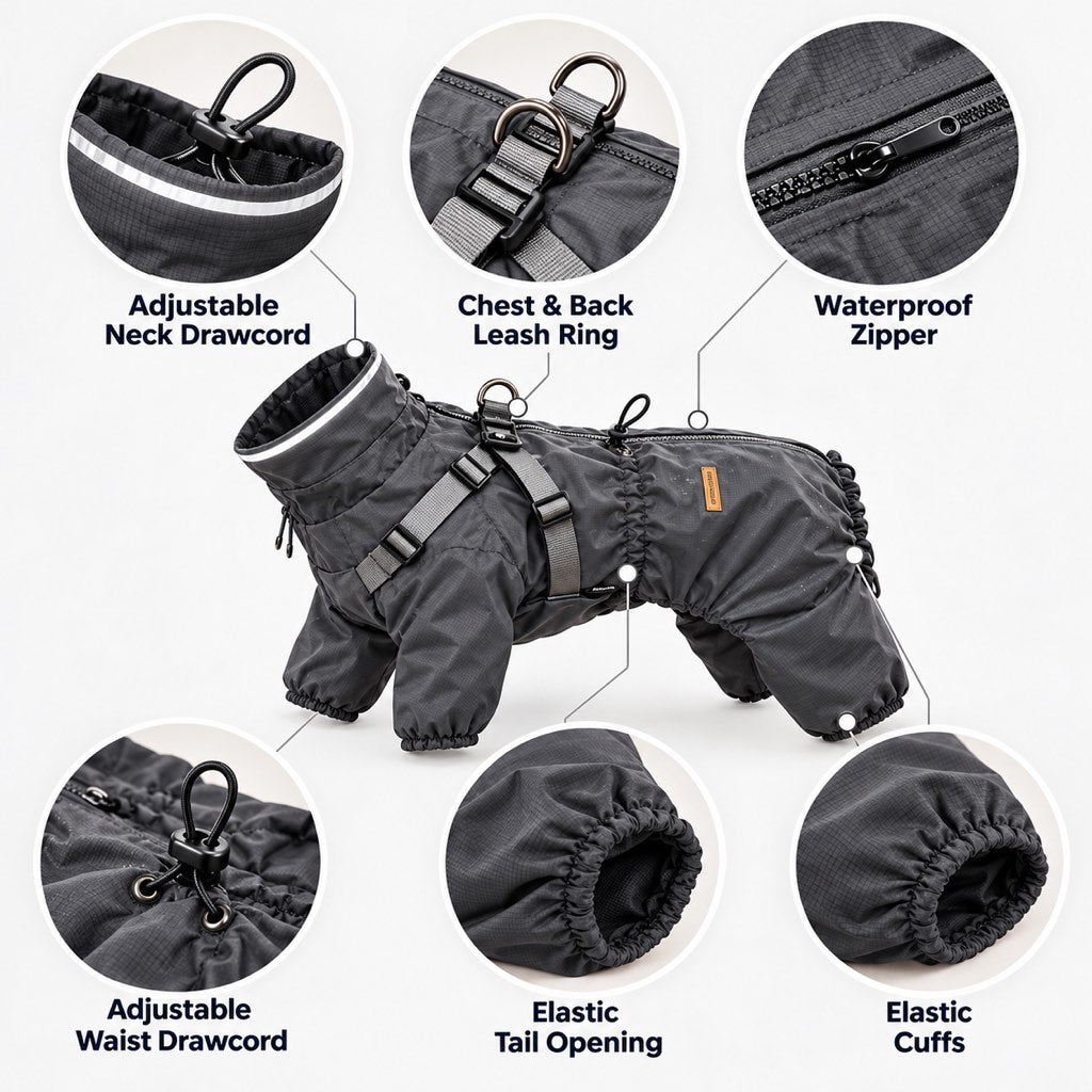 Adjustable drawcords zipper tail opening and elastic cuffs on a dog raincoat