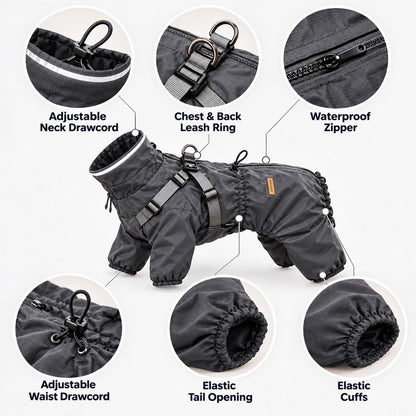 Adjustable drawcords zipper tail opening and elastic cuffs on a dog raincoat