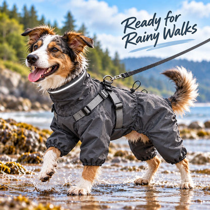 Dog wearing a four-leg raincoat on a rainy outdoor walk
