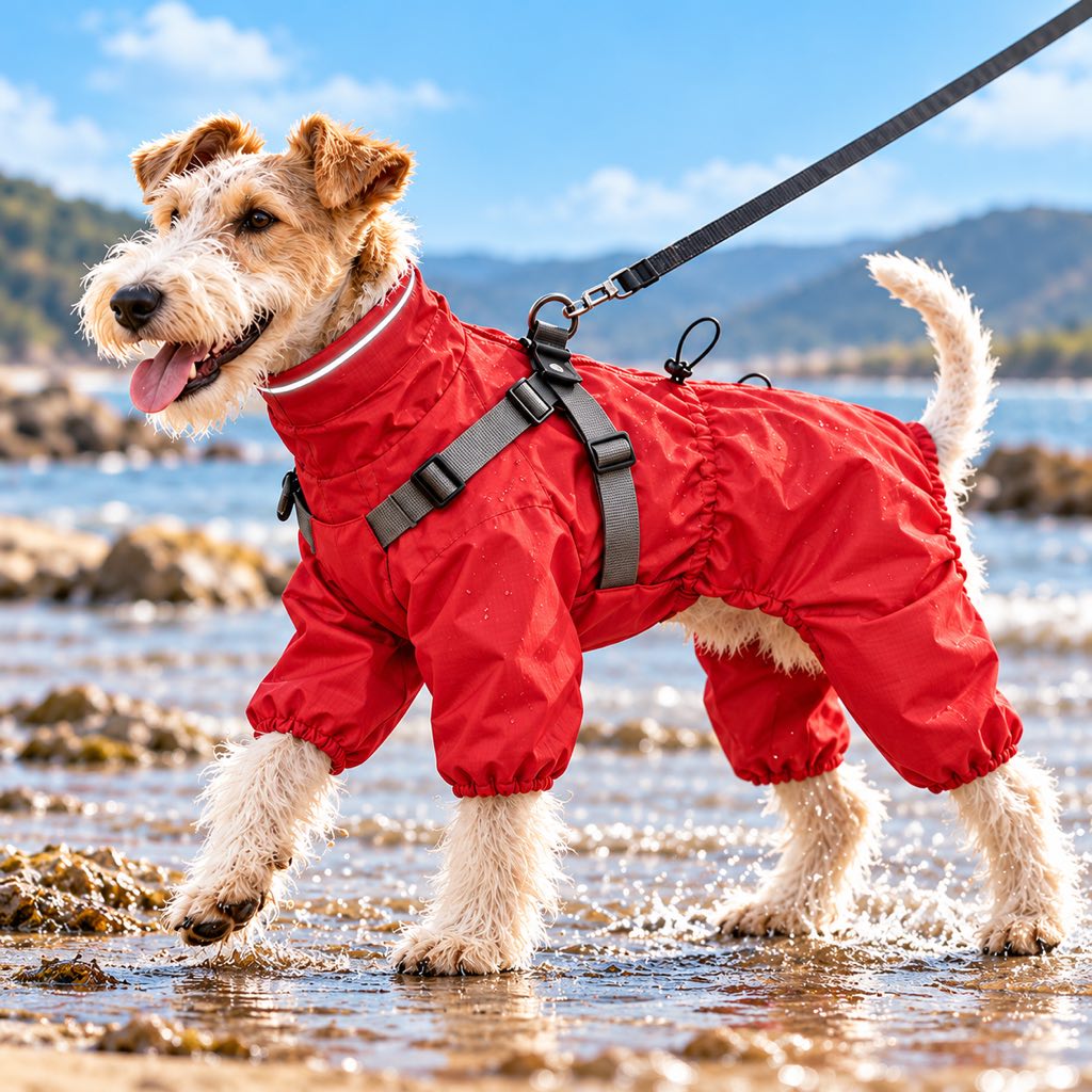 Red four-leg dog raincoat with built-in harness