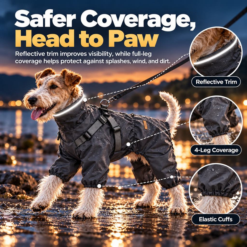 Reflective collar trim and four-leg coverage on a dog raincoat