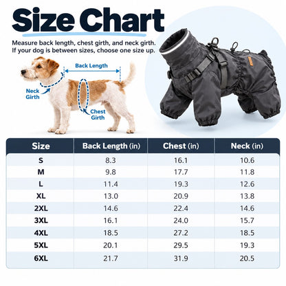 Size chart for the four-leg dog raincoat in inches