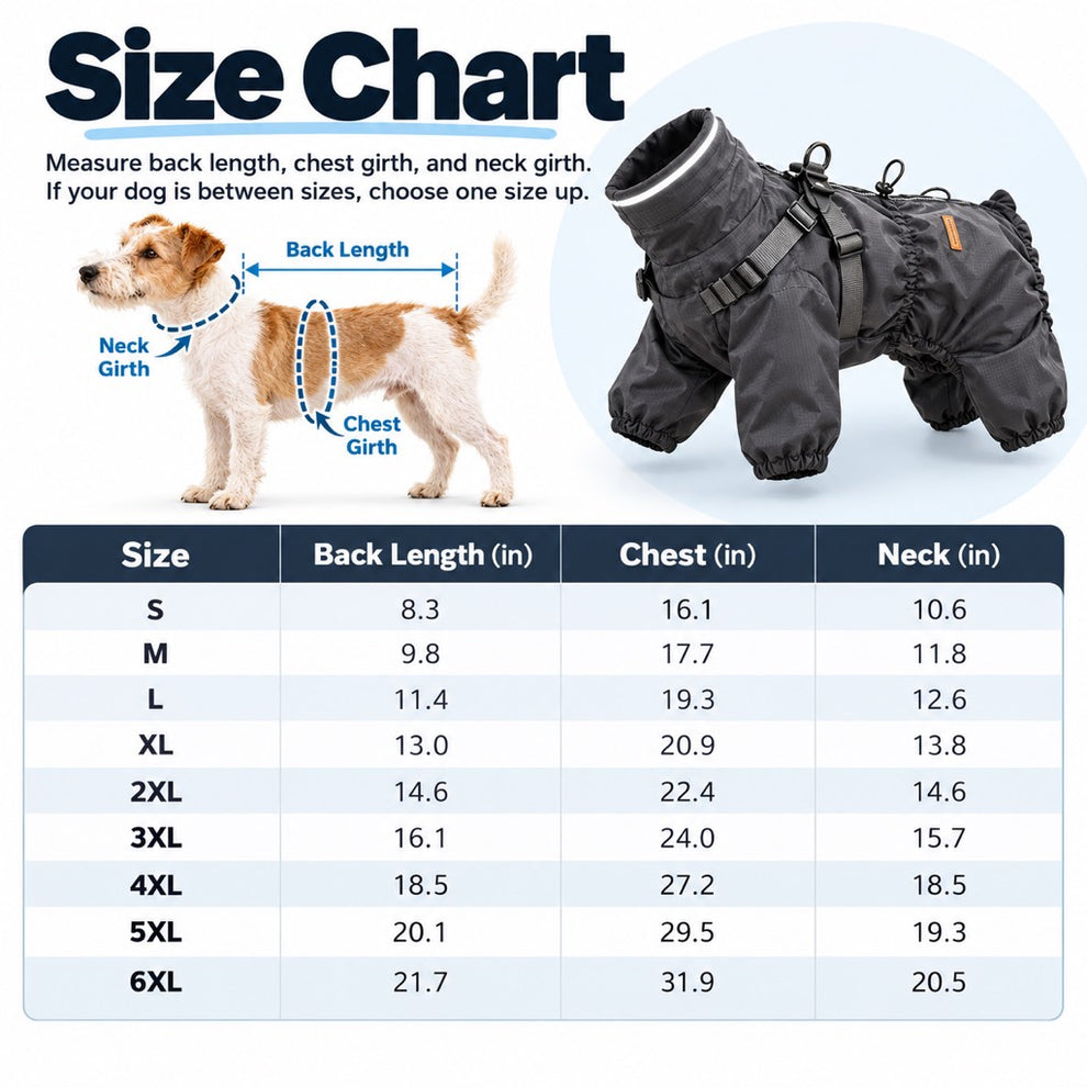 Size chart for the four-leg dog raincoat in inches