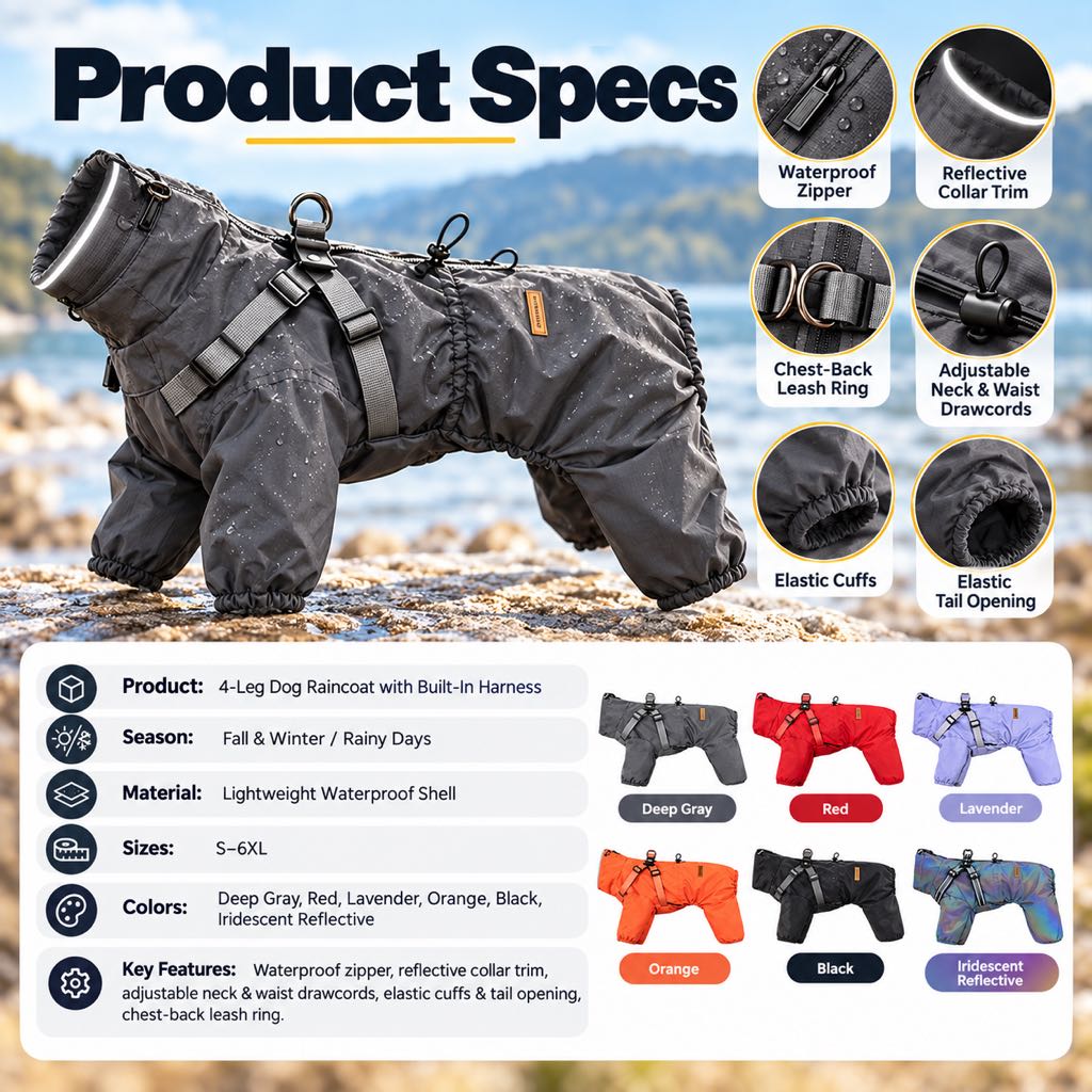 Product specifications and available colors for the dog raincoat