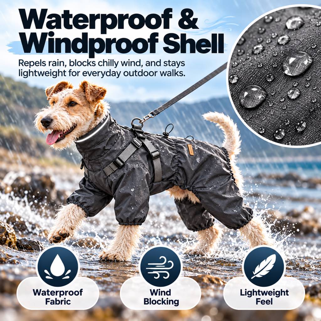Water-repellent and wind-blocking shell of a four-leg dog raincoat