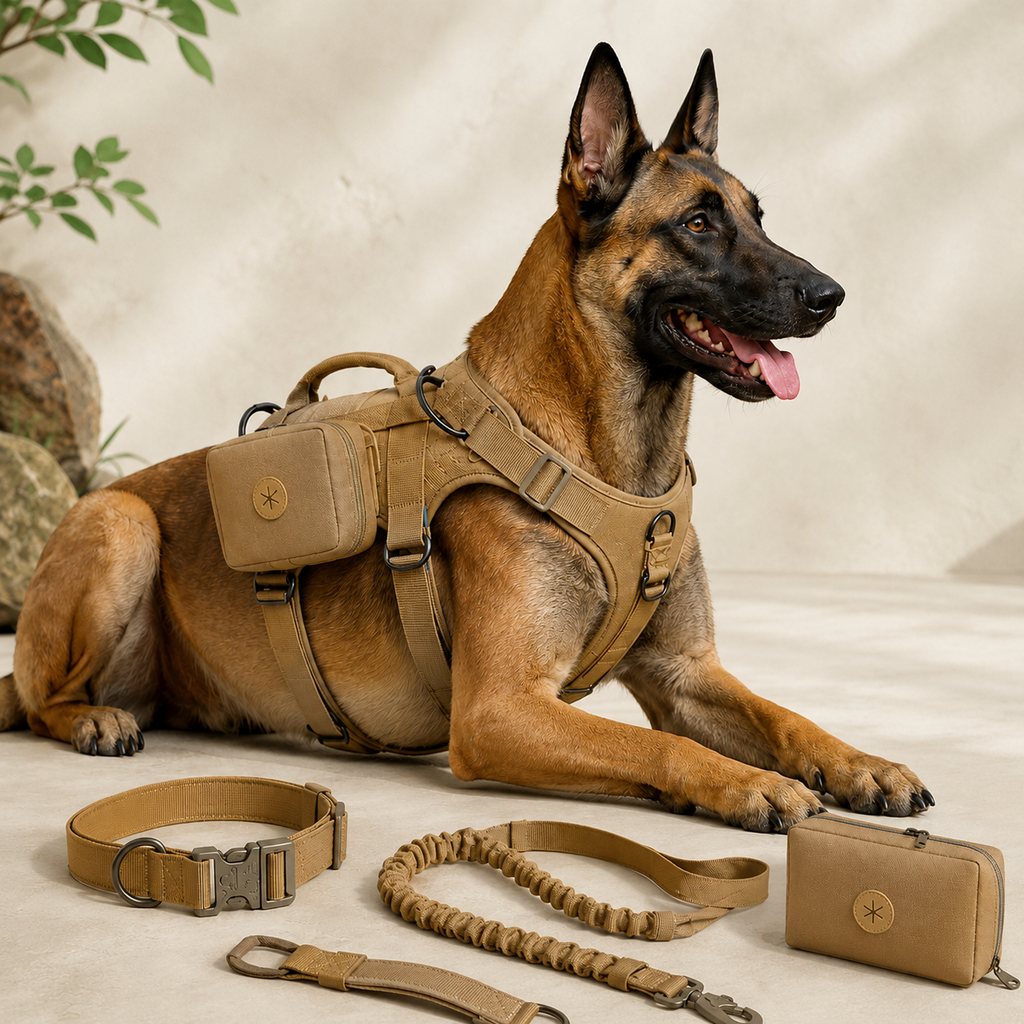 Khaki 5-piece tactical dog harness set size XL