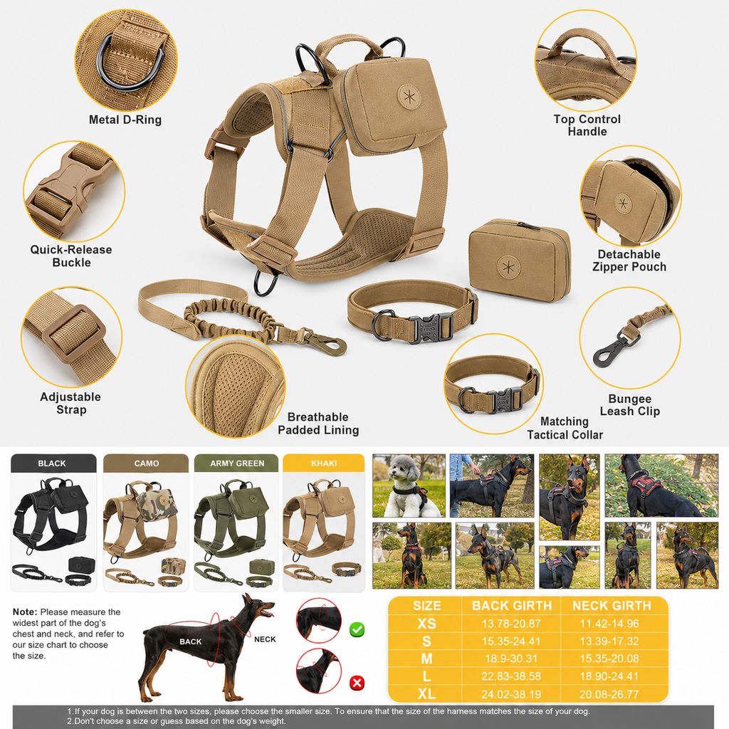 Tactical dog harness set product details with buckles straps bungee leash and pouch