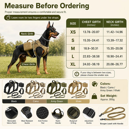 Tactical dog harness set size chart and measuring guide for chest and neck girth