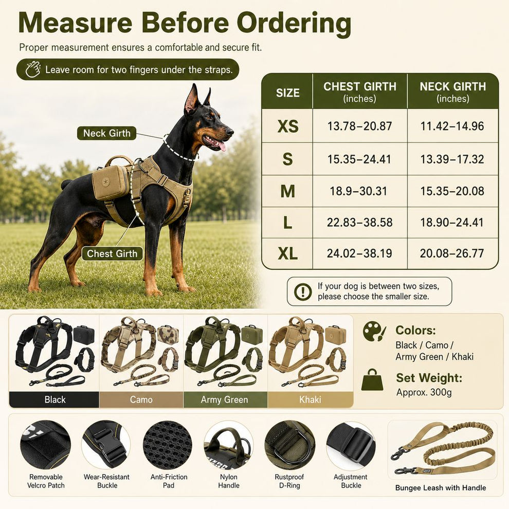 Tactical dog harness set size chart and measuring guide for chest and neck girth