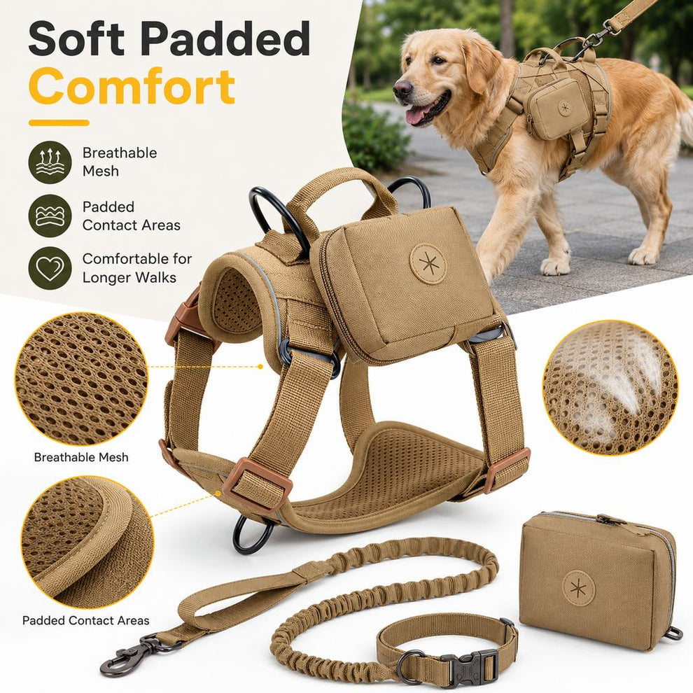 Soft padded tactical dog harness set with breathable mesh lining for longer walks
