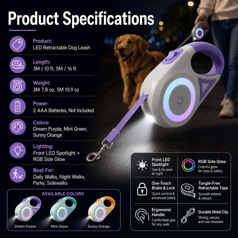 Paws in Awe LED Retractable Dog Leash for Night Walks - Light-Up Dog Leash with Built-In Spotlight, RGB Side Glow & One-Touch Brake for Safer Evening Walks image 10