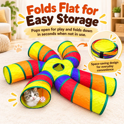 Foldable six-way cat tunnel that stores flat between play sessions