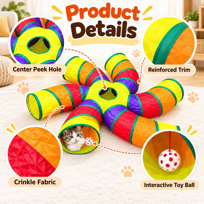 Cat tunnel details including center peek hole, crinkle fabric and hanging ball