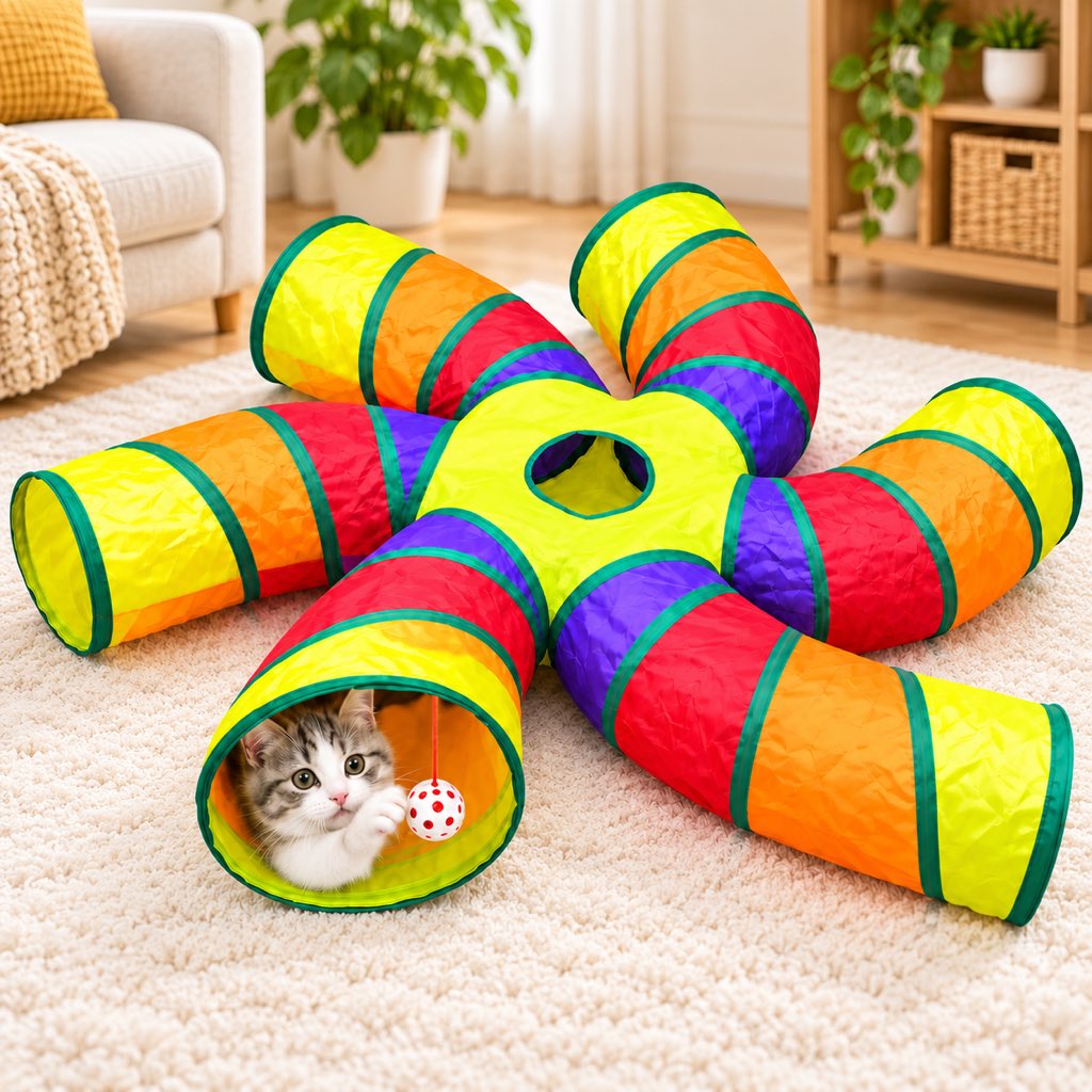 Rainbow six-way foldable cat tunnel with hanging toy ball
