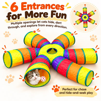 Six entrances on a rainbow cat tunnel for hiding and exploring