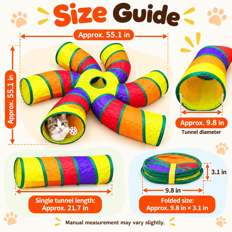 Six-way cat tunnel size guide with expanded and folded measurements