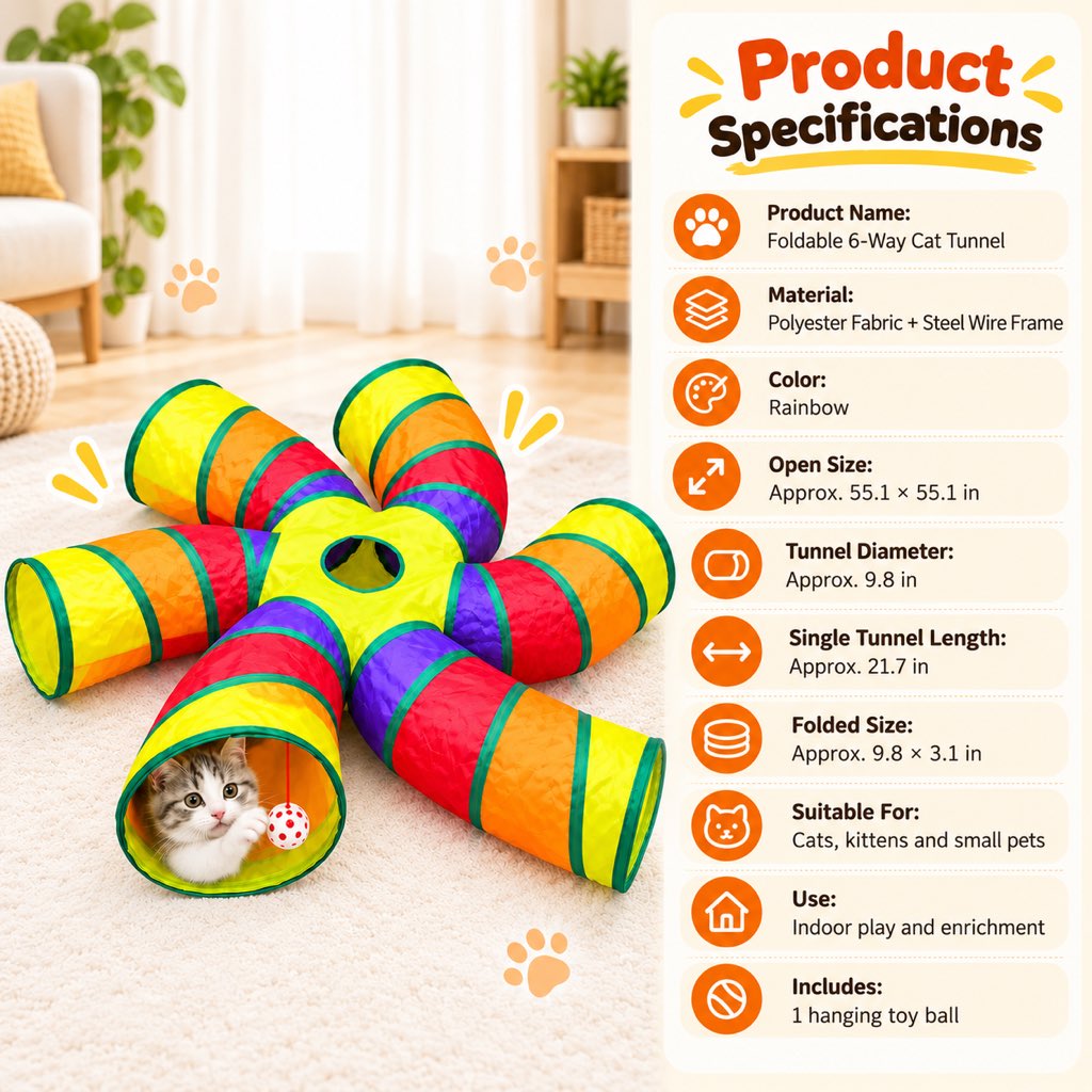 Six-way foldable cat tunnel product specifications and dimensions