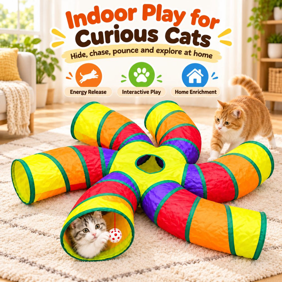 Rainbow six-way cat tunnel for indoor play, hiding and exploration