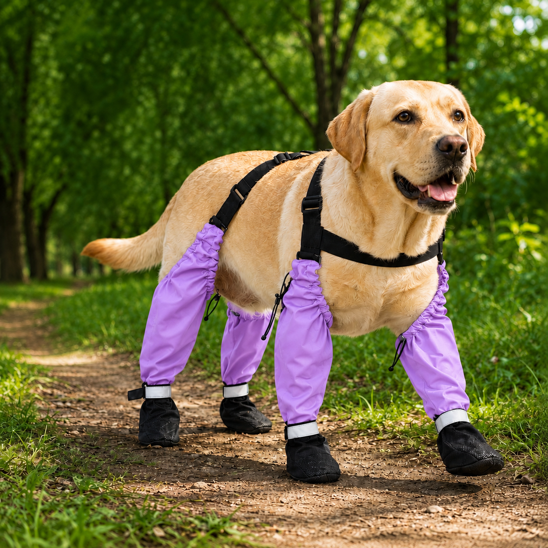 Paws in Awe connected dog boots in purple with four leg sleeves and black paw boots