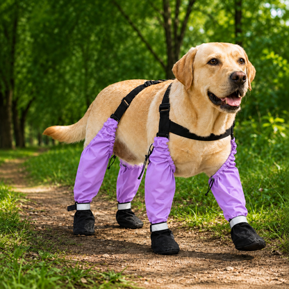 Paws in Awe connected dog boots in purple with four leg sleeves and black paw boots