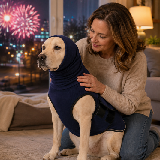 Paws in Awe Dog Calming Shirt for Fireworks & Thunderstorms - Anxiety Relief Wrap with Ear-Covering Hood for Vet Visits, Travel & Night Walks image 1