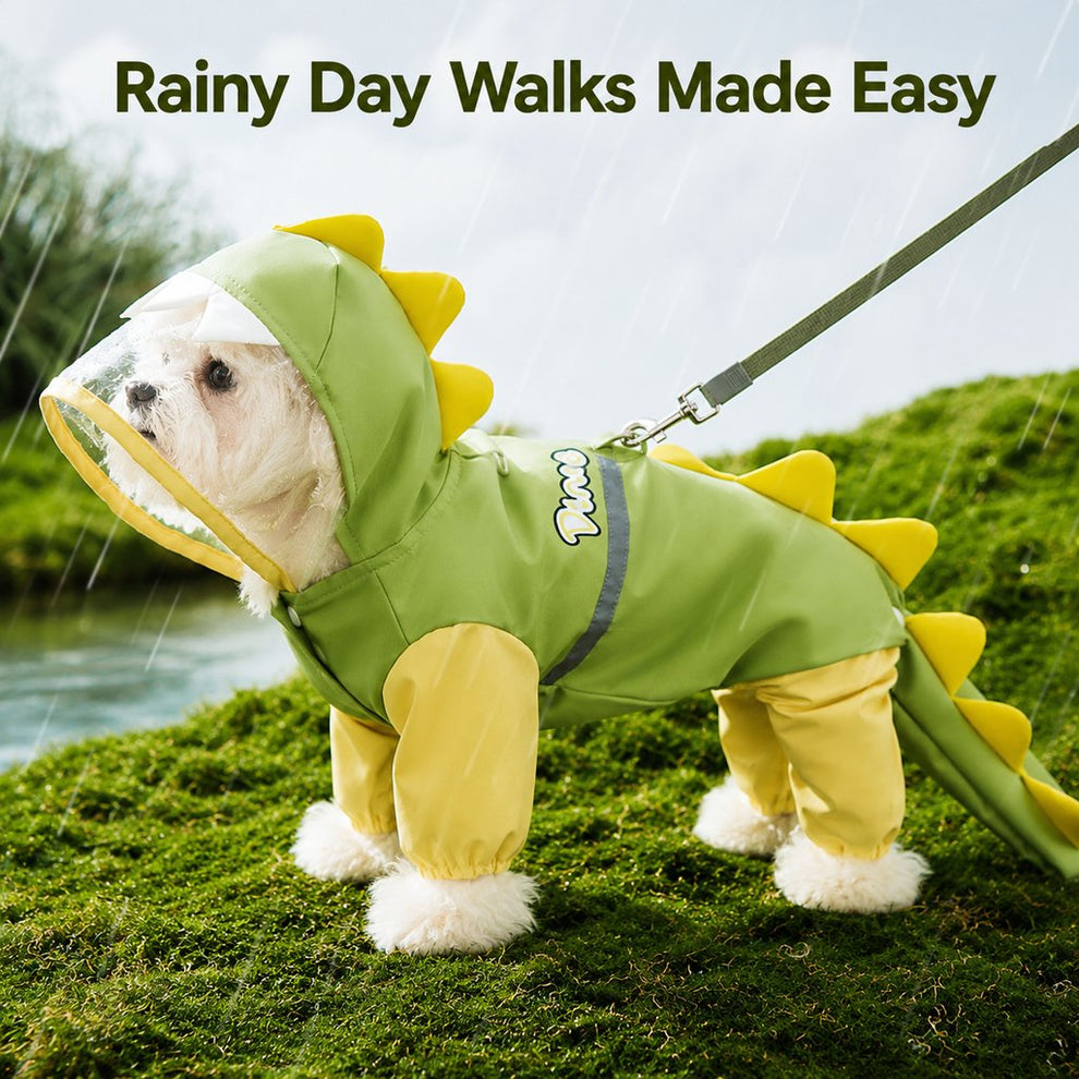 Paws in Awe Dinosaur Dog Raincoat with Clear Visor Hood – Full-Body Waterproof Pet Suit for Rain, Mud & Outdoor Walks image 2