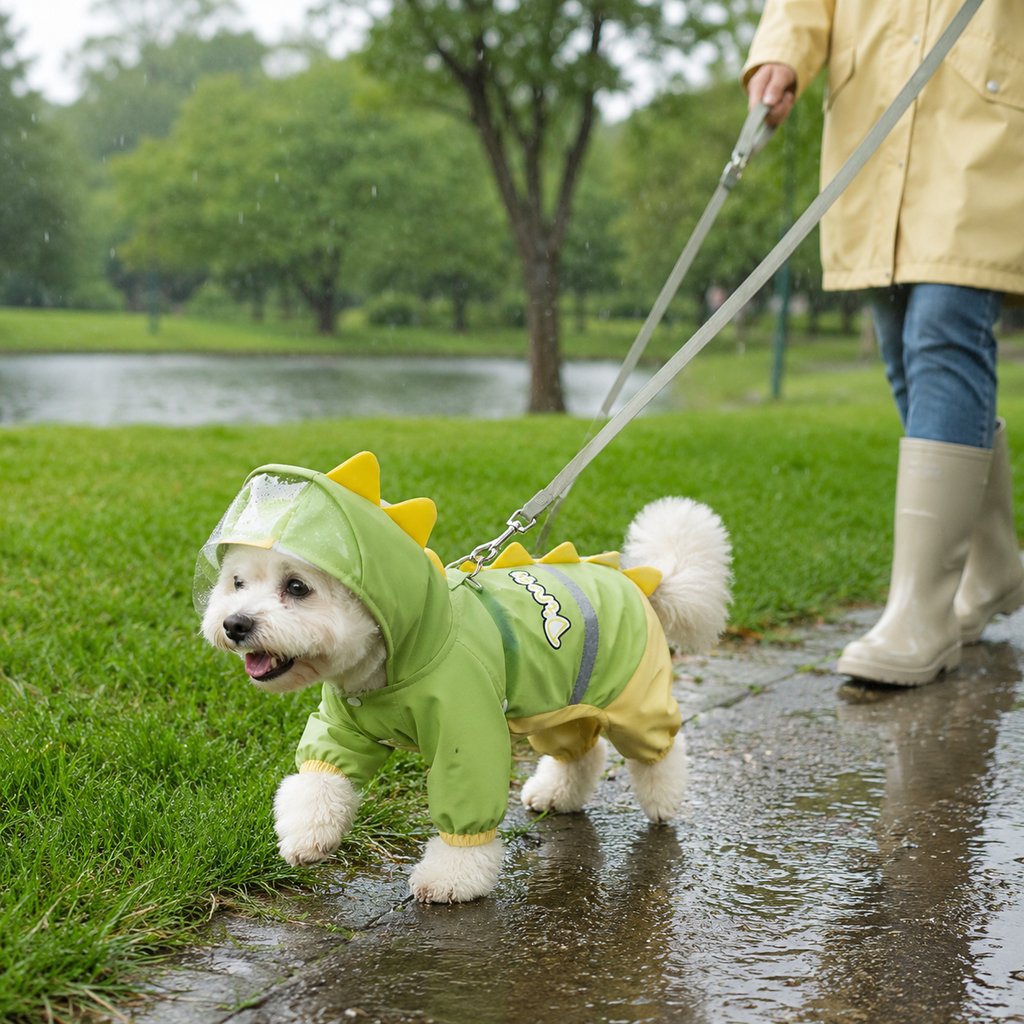 Paws in Awe Dinosaur Dog Raincoat with Clear Visor Hood – Full-Body Waterproof Pet Suit for Rain, Mud & Outdoor Walks image 4