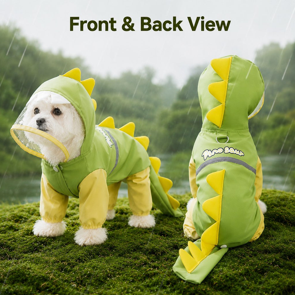 Paws in Awe Dinosaur Dog Raincoat with Clear Visor Hood – Full-Body Waterproof Pet Suit for Rain, Mud & Outdoor Walks image 3