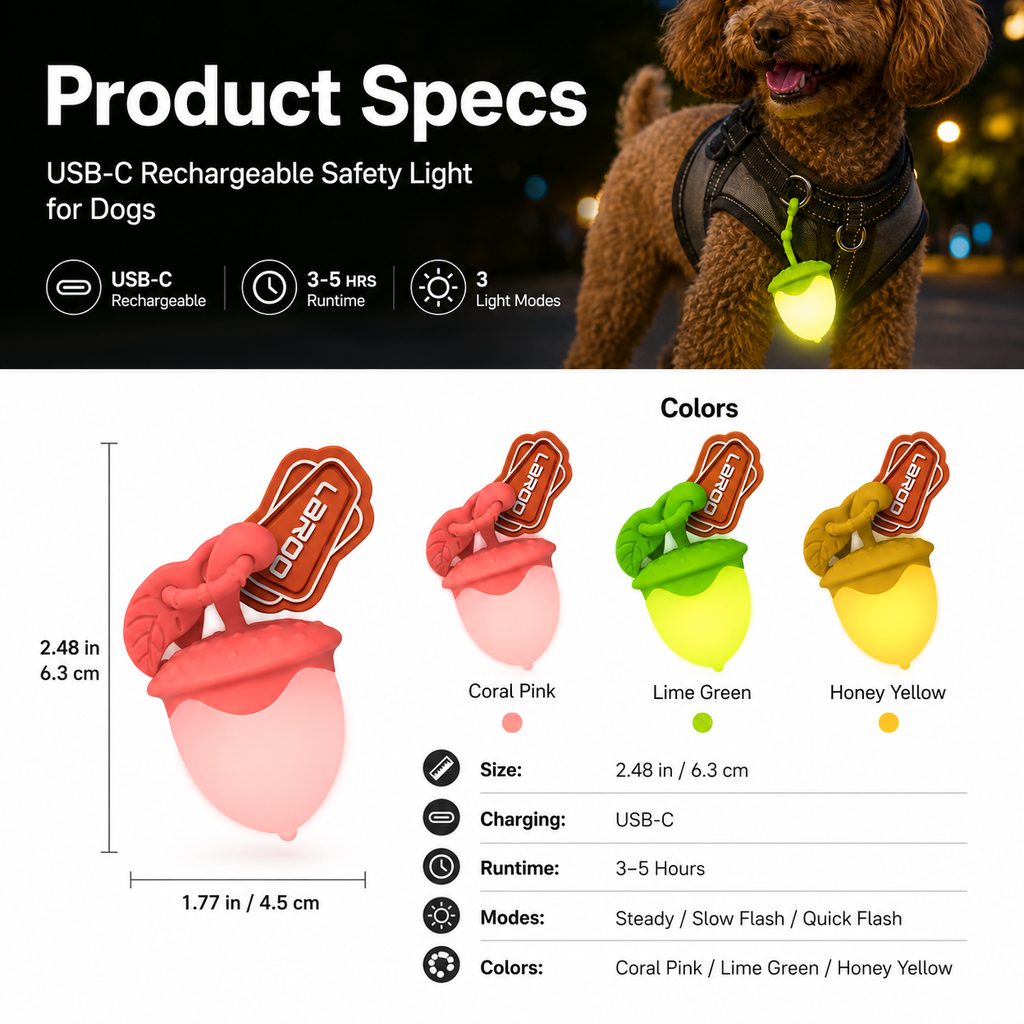 Paws in Awe AcornGlow USB-C Rechargeable Pet Safety Light for Night Walks - Clip-On Acorn LED Charm for Collars, Harnesses & Leashes to Help Dogs Stay Visible After Dark image 10