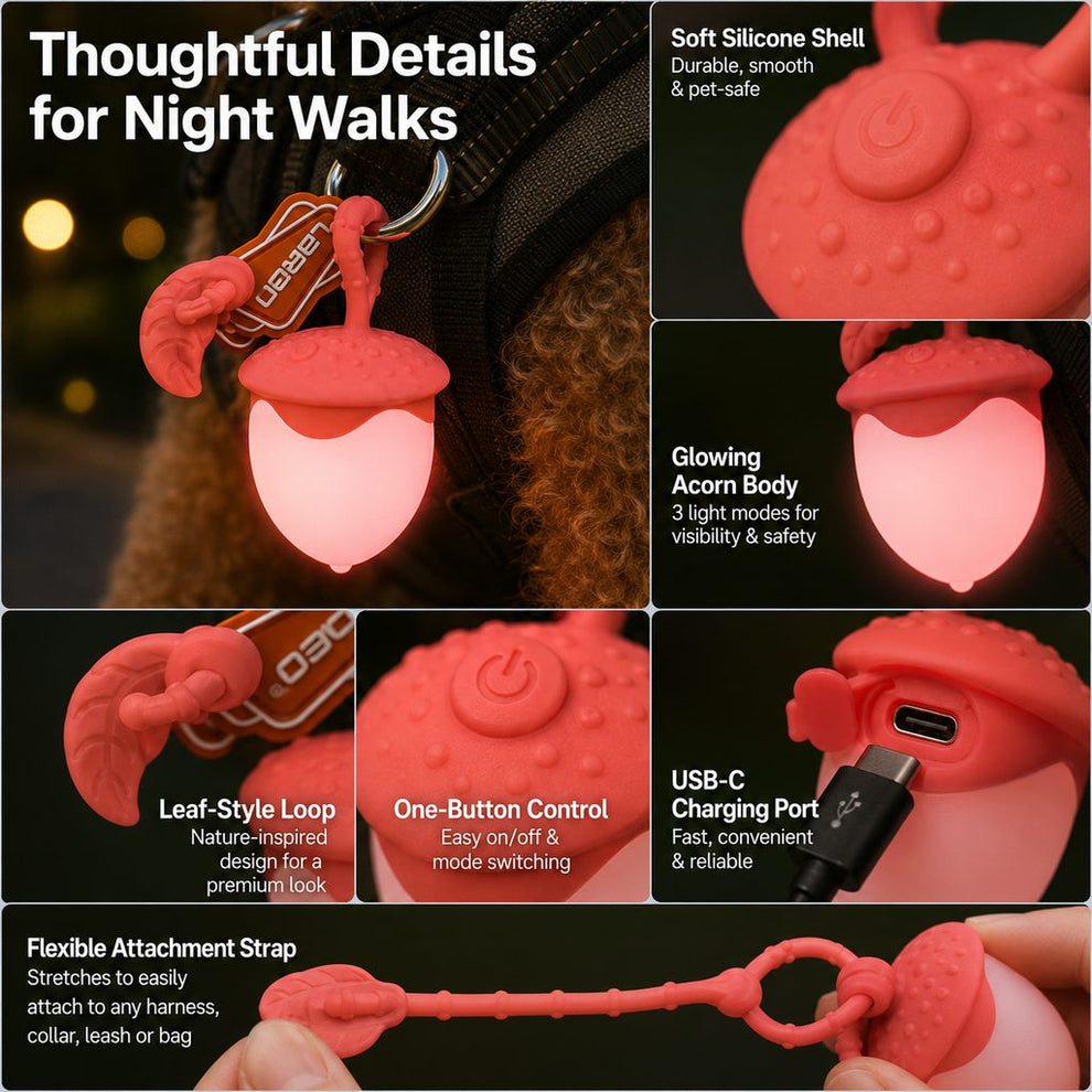 Paws in Awe AcornGlow USB-C Rechargeable Pet Safety Light for Night Walks - Clip-On Acorn LED Charm for Collars, Harnesses & Leashes to Help Dogs Stay Visible After Dark image 8