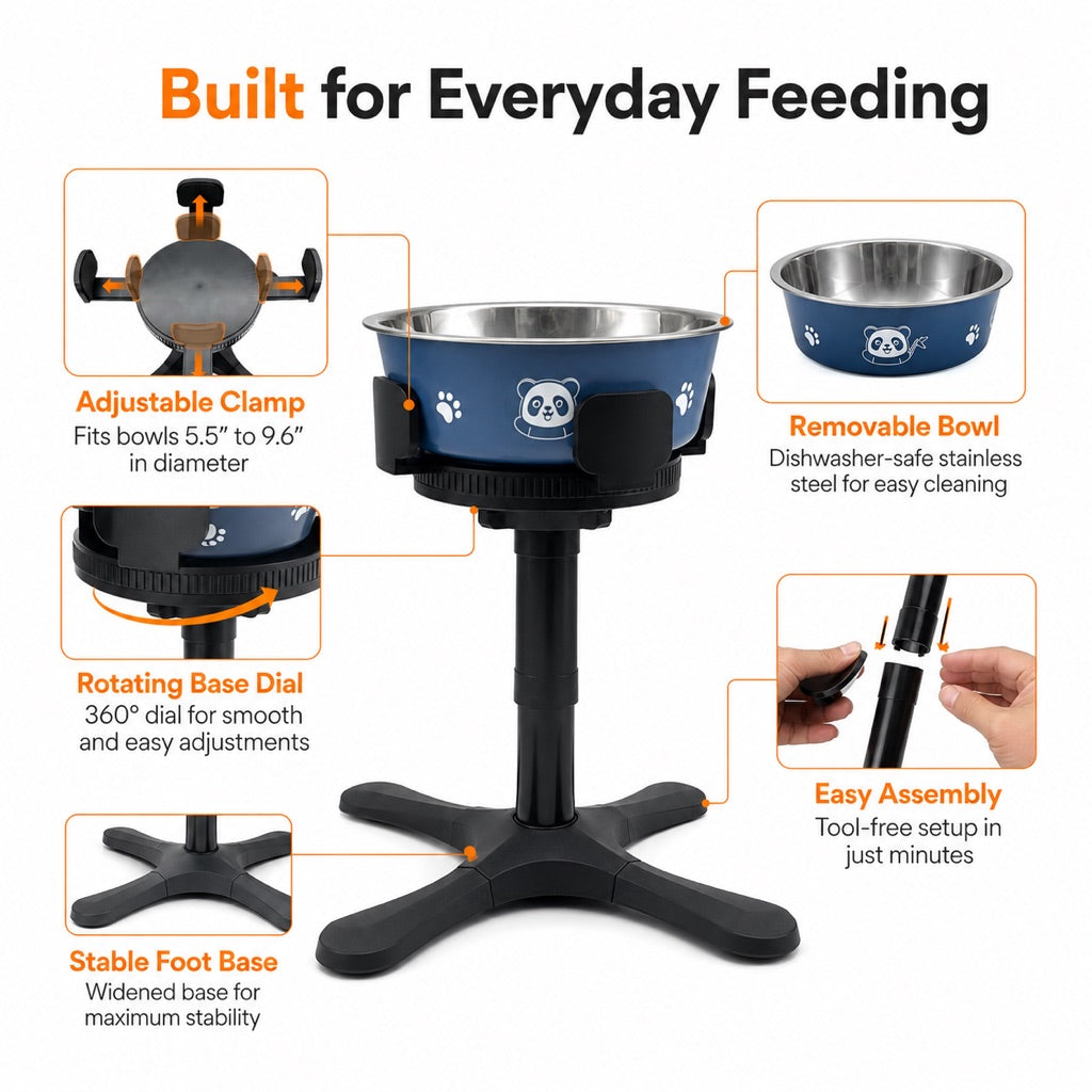 Adjustable clamp dog bowl stand fits multiple bowl sizes