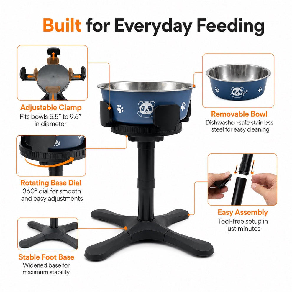 Adjustable clamp dog bowl stand fits multiple bowl sizes