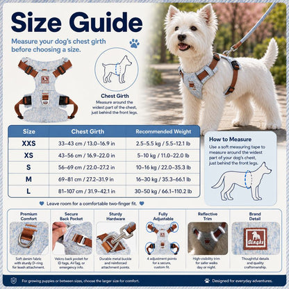 Paws in Awe Vintage Denim No-Pull Dog Harness &5 ft Rope Leash Set - Soft Adjustable Vest for Everyday Walks, Better Control & Low-Light Visibility image 9