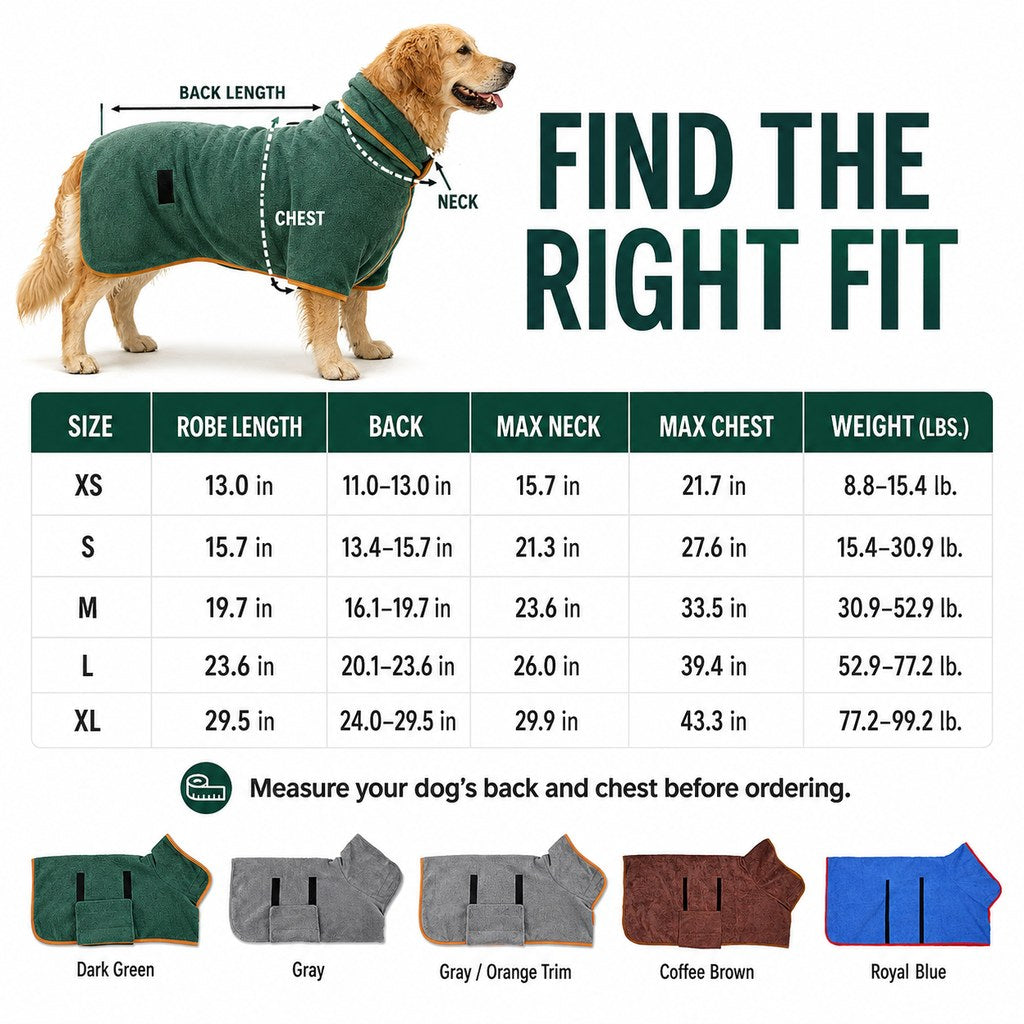 Adjustable dog bathrobe neck and belly closure