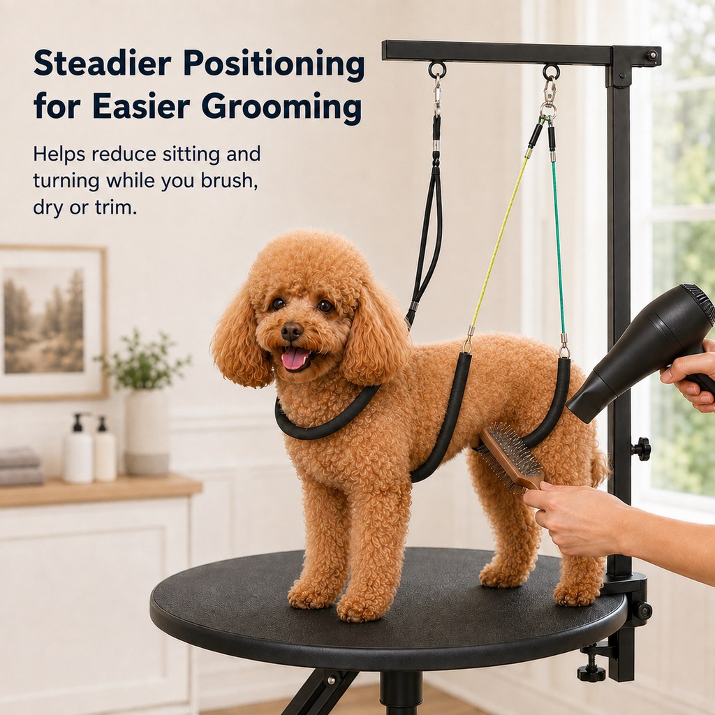 Dog grooming arm kit helps reduce sitting and turning during grooming