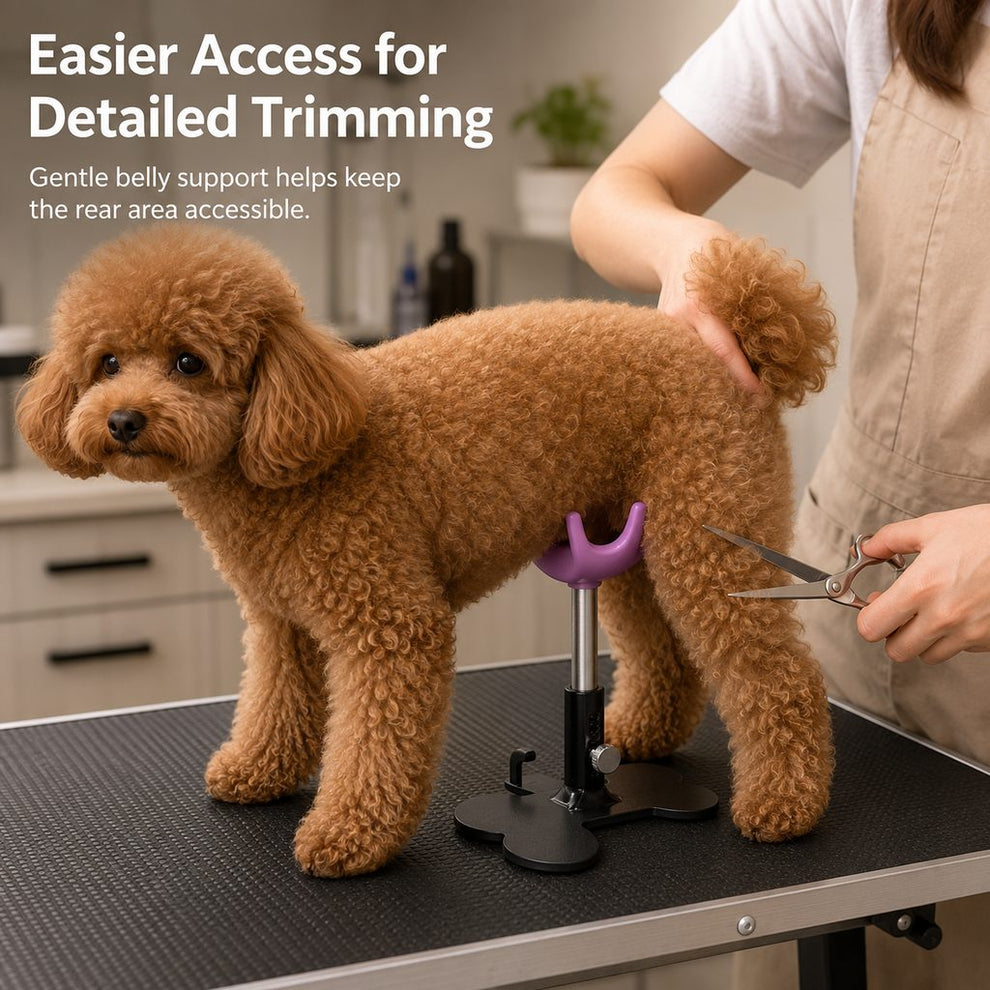 Dog grooming support stand for detailed trimming access