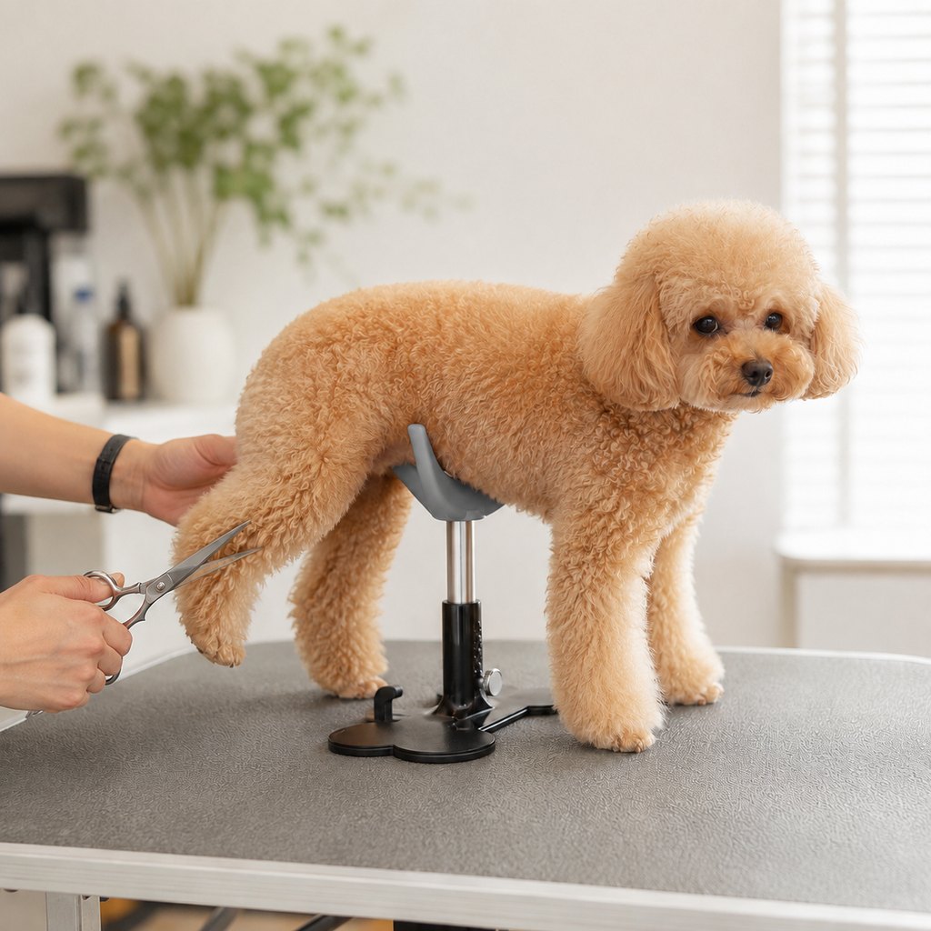Gray adjustable dog grooming support stand for small dogs