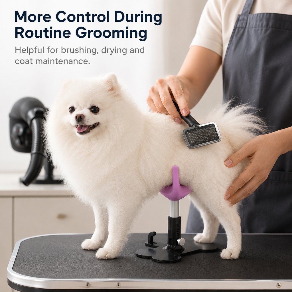 Small dog grooming support stand for brushing and coat care