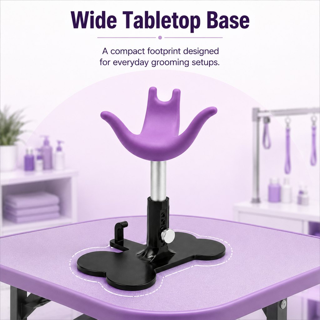 Wide tabletop base adjustable dog grooming support stand