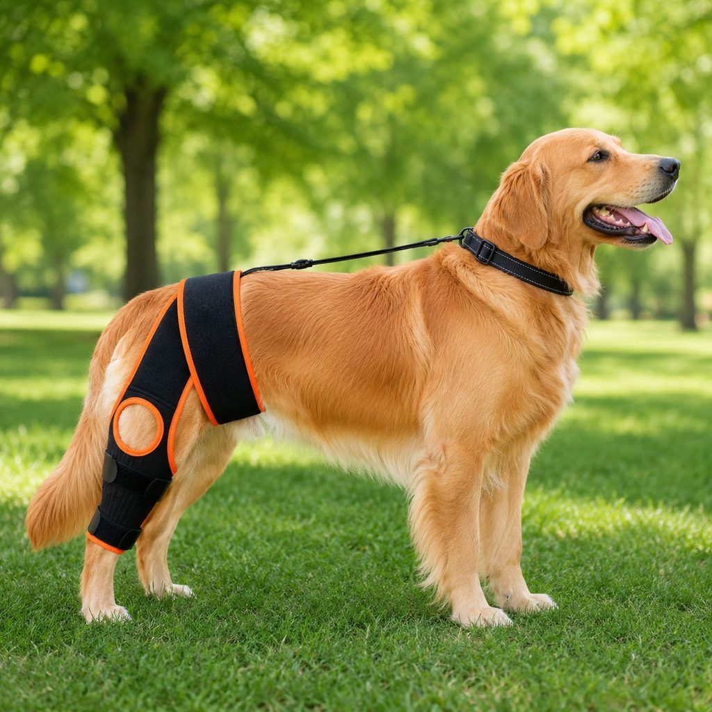 Adjustable dog knee brace with collar support strap in orange red trim