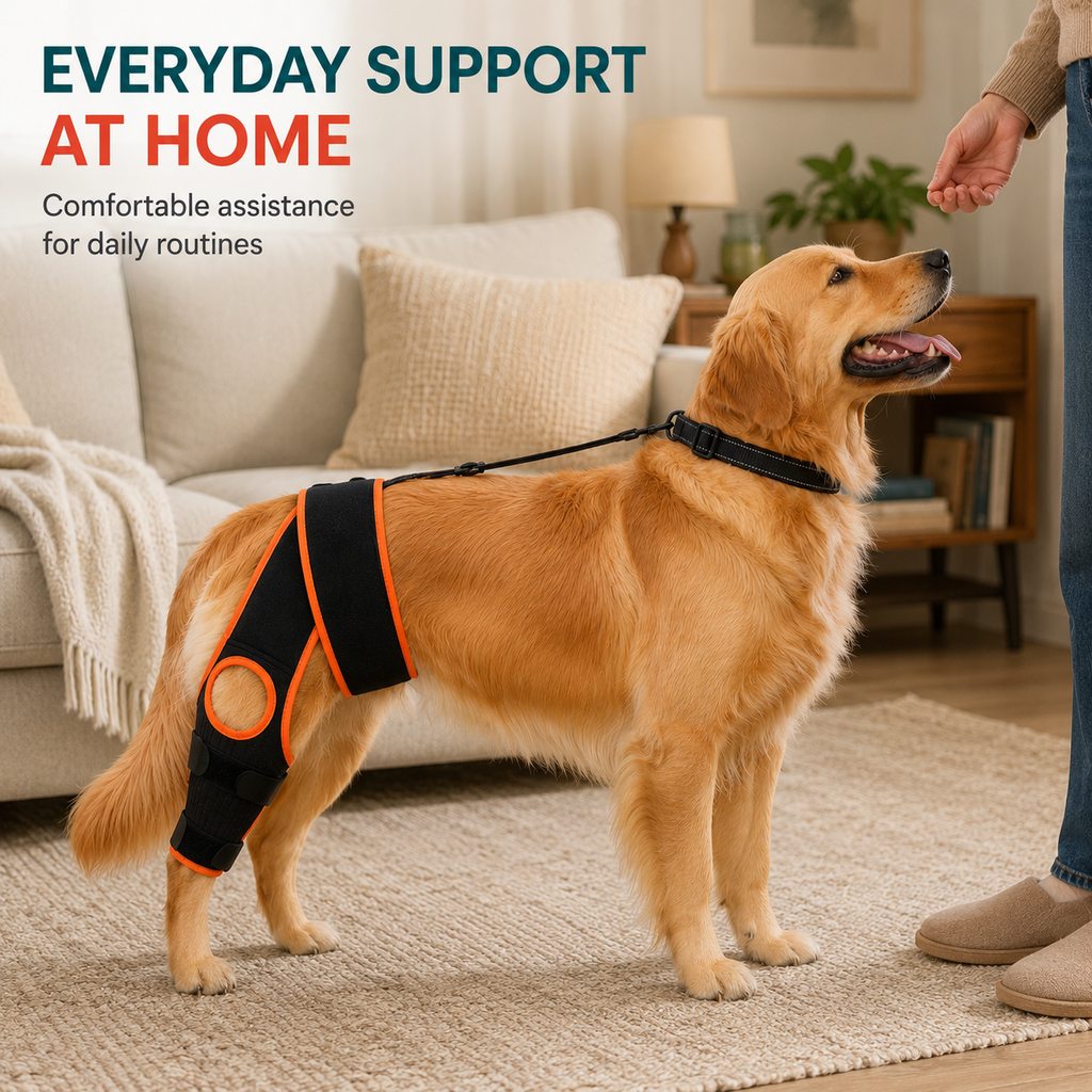 Dog knee brace with collar support strap for supervised support at home