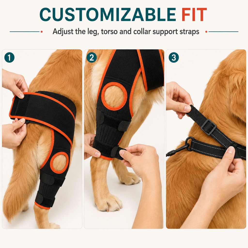 Customizable fit adjustment on dog knee brace collar support system