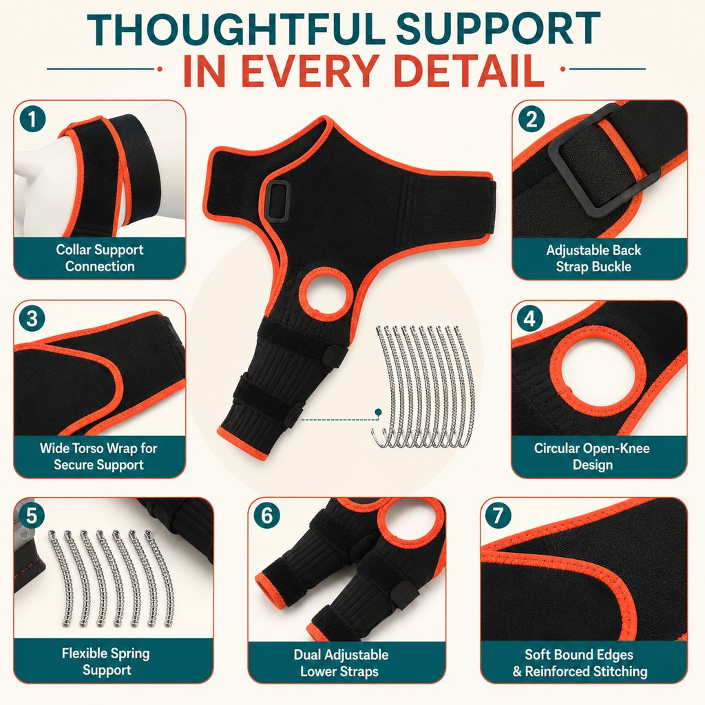 Thoughtful support details on open-knee dog brace with collar strap