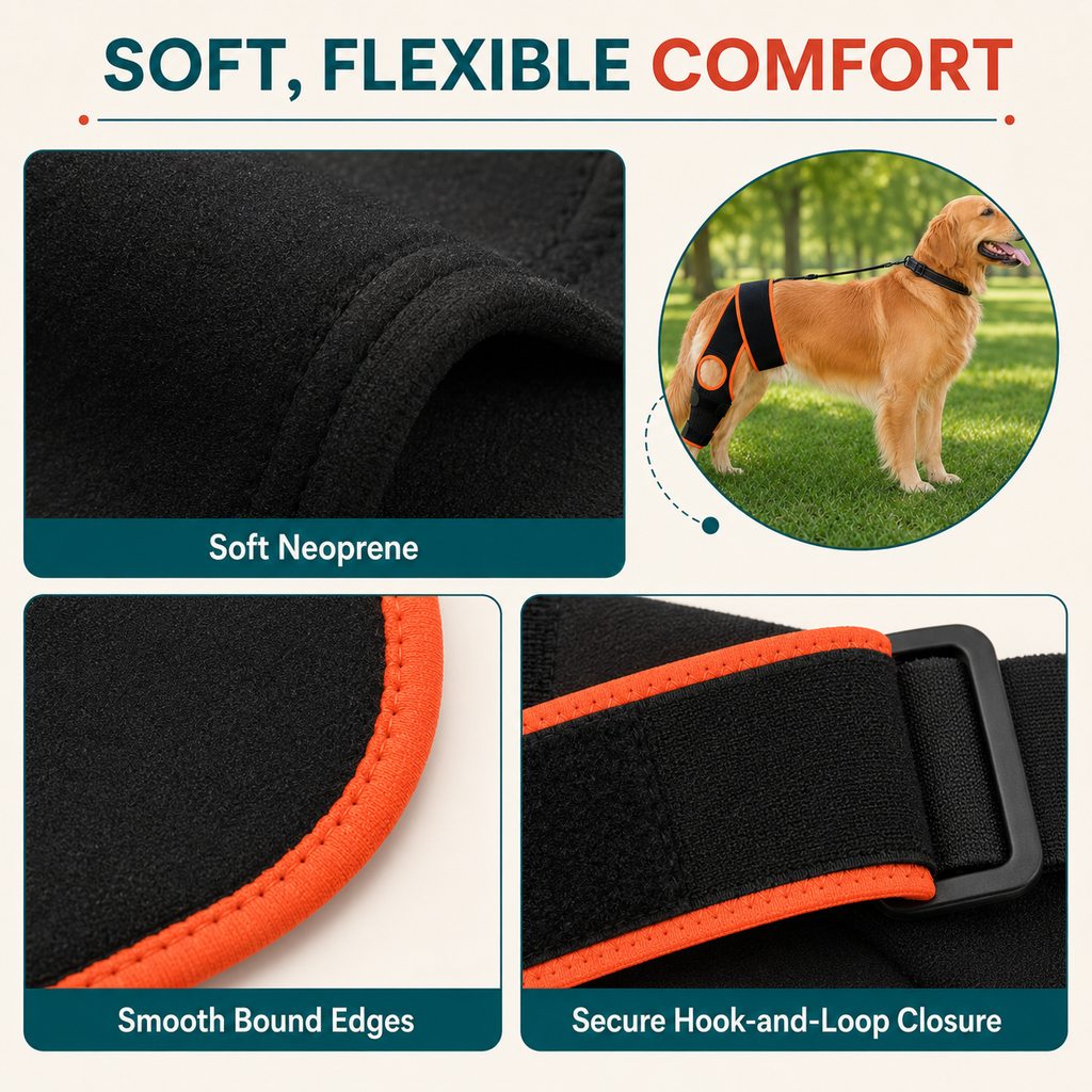 Soft neoprene comfort and hook-and-loop closure on dog knee brace